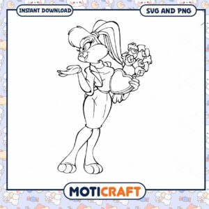 Cute bunny character holding flowers, perfect for coloring pages