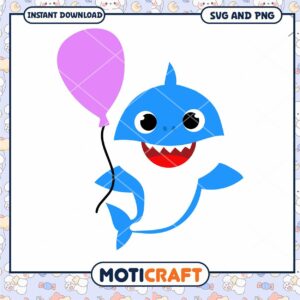 Cute Blue Shark with Balloon, Downloadable SVG and PNG Files
