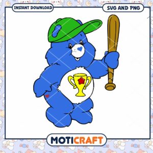 Cute blue bear character with trophy, instant download SVG PNG