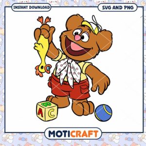 Cute bear character holding toy chicken, ideal for kids' designs