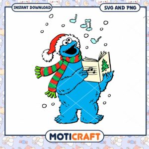 Cookie Monster Christmas PNG design, festive character singing joyfully