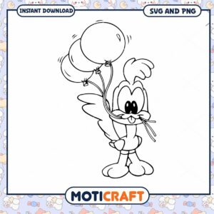 Coloring Page of a Cartoon Bird Holding Balloons, Instant Download PNG