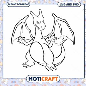Charizard coloring page for kids, instant download of PNG SVG