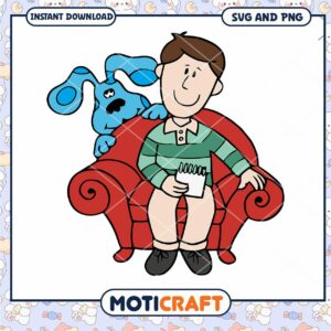 Cartoon boy sitting with dog on red couch, instant download SVG PNG