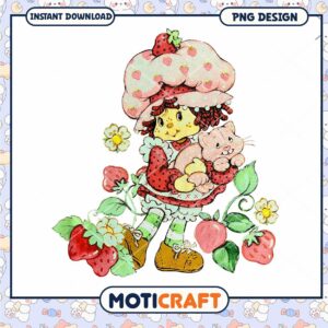 Strawberry Girl with Cat PNG Design, perfect for cute projects