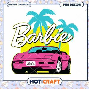 Barbie PNG design with pink convertible car, perfect for instant download