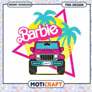 Barbie PNG design with pink jeep and tropical theme, instant download
