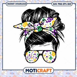 Messy bun mardi gras svg, vintage bandana svg, Messsy Bun svg