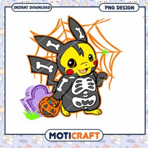 Cute Halloween Pikachu Skeleton PNG Design for Instant Download