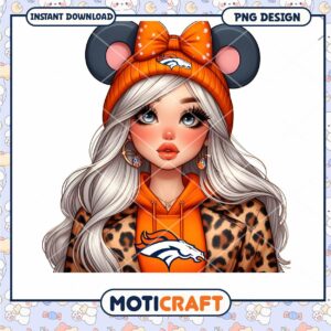 Cute Denver Broncos Girl PNG Design with Ears and Bow Headband
