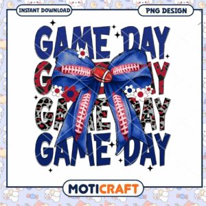 Game Day Football PNG Design with Colorful Bow Downloadable Art