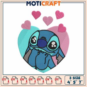 Cute Stitch Embroidery Design with Hearts and Cartoon Character