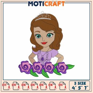 Cute Princess Embroidery Design with Roses for Kids Projects