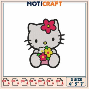 Cute Hello Kitty Embroidery Design with Floral Motif in Three Sizes
