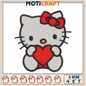 Cute Cat Embroidery Design Heart Motif in Three Sizes Available