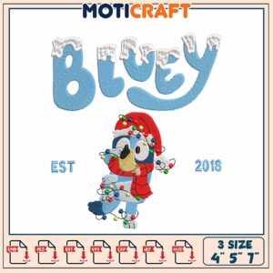 Bluey Embroidery Design with Christmas Lights and Santa Hat