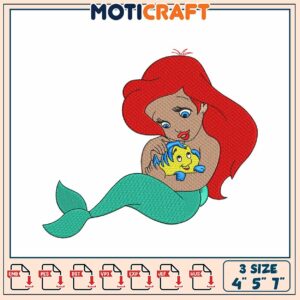 Ariel Mermaid Embroidery Design 4x5x7 Inch