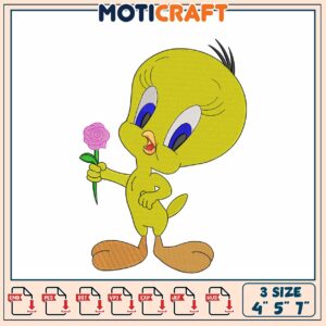 Cute Tweety Bird Embroidery Design with Flower for Crafting