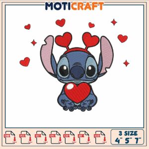 Stitch red heart heart embroidery, stitch character​​ ​embroidery