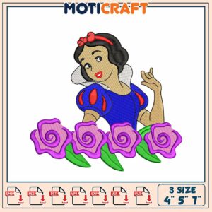 Snow White Embroidery Design with Flowers in Three Sizes