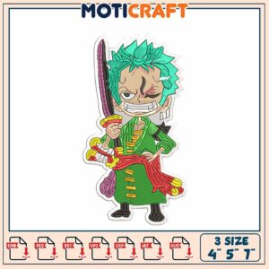 One Piece Zoro Embroidery Design for Craft Projects in Sizes 4 5 7