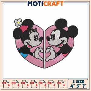 Minnie Mickey Heart Embroidery Design 4x5x7