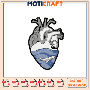 Heart Whale Embroidery Design Instant Download