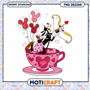 Goofy love in tea cup png, goofy character png, valentine png