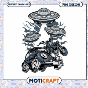 UFO Adventure PNG Design Car and Motorcycle Scene Download