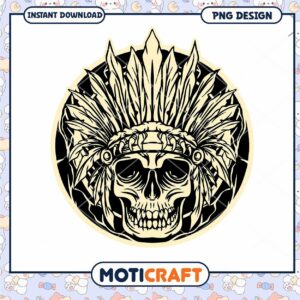 Tribal Skull PNG Design with Native American Headdress