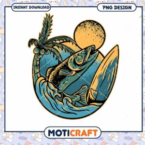 Surf and Fish Vintage Art PNG Design for Instant Download