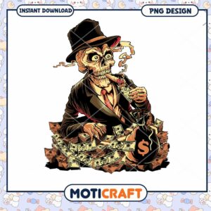 Skull Character with Money Bag PNG Design Instant Download