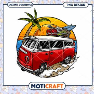 Red VW Bus Beach PNG Design