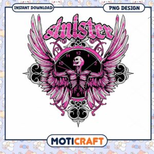 Pink Skull Wings Clock PNG Design