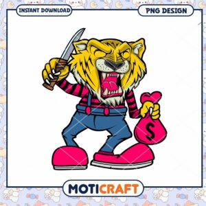 Lion Character with Knife and Money Bag PNG Design Download