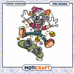 Funny Zombie Clown Skateboard PNG Instant Download Design