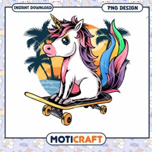 Cute Unicorn Skateboarding PNG Design