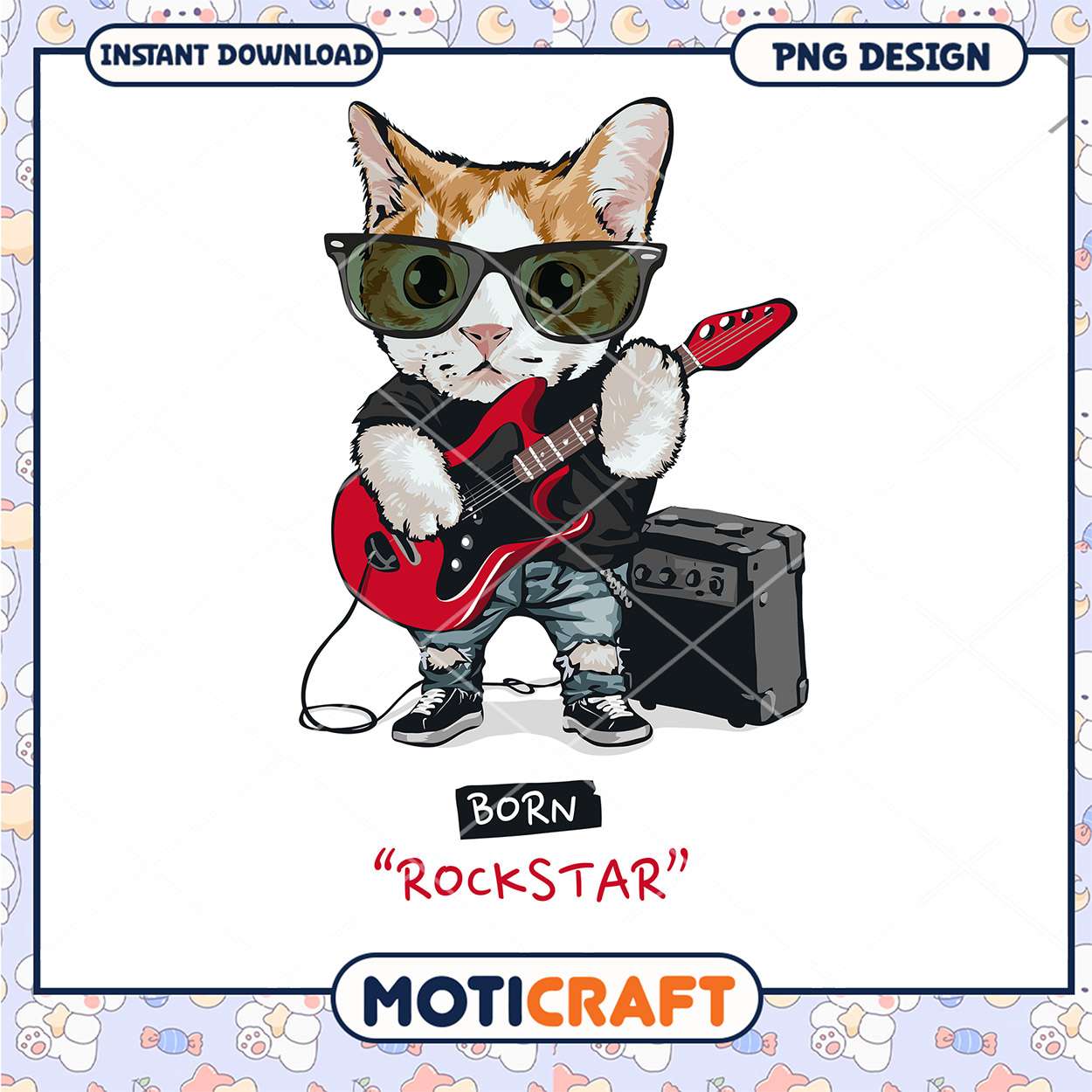 Cute Cat Rockstar PNG Design Instant Download for Fun Cute Cat Rockstar PNG Design Instant Download for Fun
