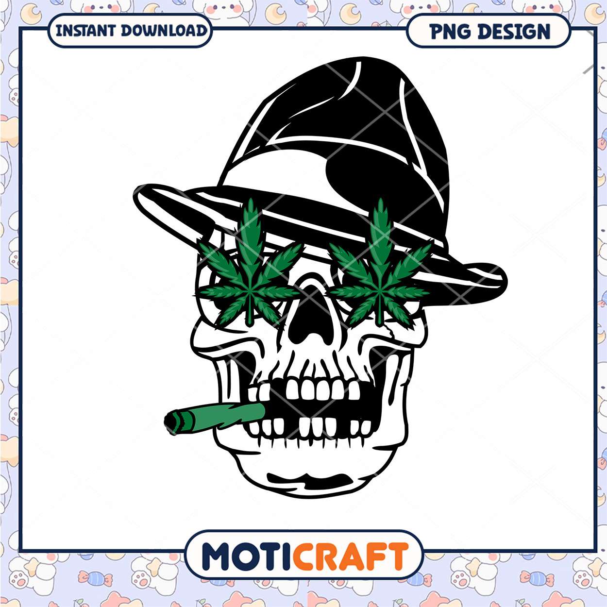 Cool Skull Design with Hat and Cannabis Leaves PNG Art Cool Skull Design with Hat and Cannabis Leaves PNG Art
