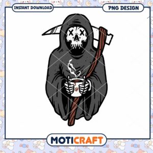 Chilling Grim Reaper with Coffee PNG Instant Download Design