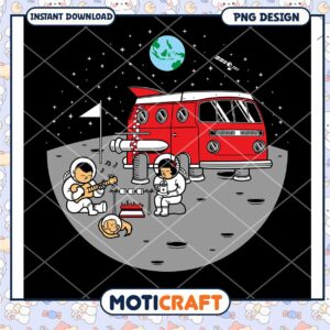 Astronauts Enjoying Campfire on Moon with Red Van PNG Design