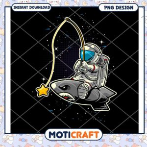 Astronaut Riding Shark Fishing for Stars PNG Design Download