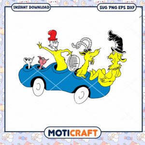 Fun Cartoon Characters in a Blue Car PNG Download