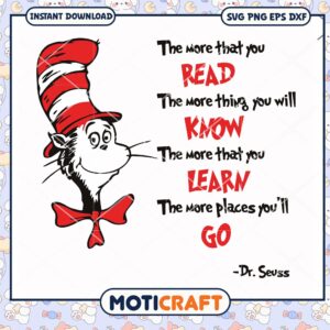 Cat in the Hat Reading Quote Inspirational PNG Download