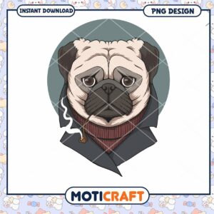 Pug Dog PNG Design with Pipe Stylish Instant Download Art