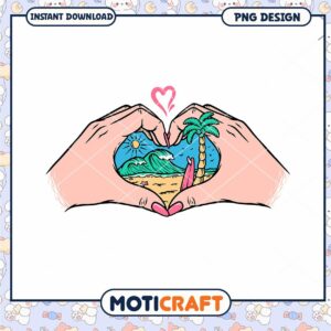 Heart Shaped Hands with Tropical Beach Scene PNG Design