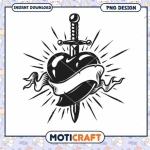 Heart with Sword Tattoo Design Instant Download PNG Art