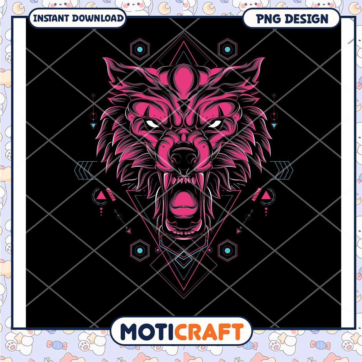 Fierce Pink Wolf PNG Design for Instant Download Art File Fierce Pink Wolf PNG Design for Instant Download Art File