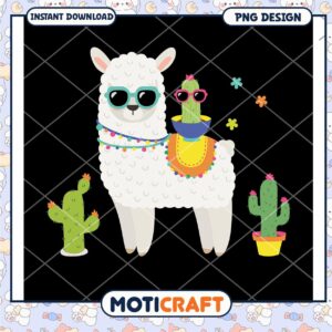 Cute Llama with Sunglasses and Cactus PNG Download Design