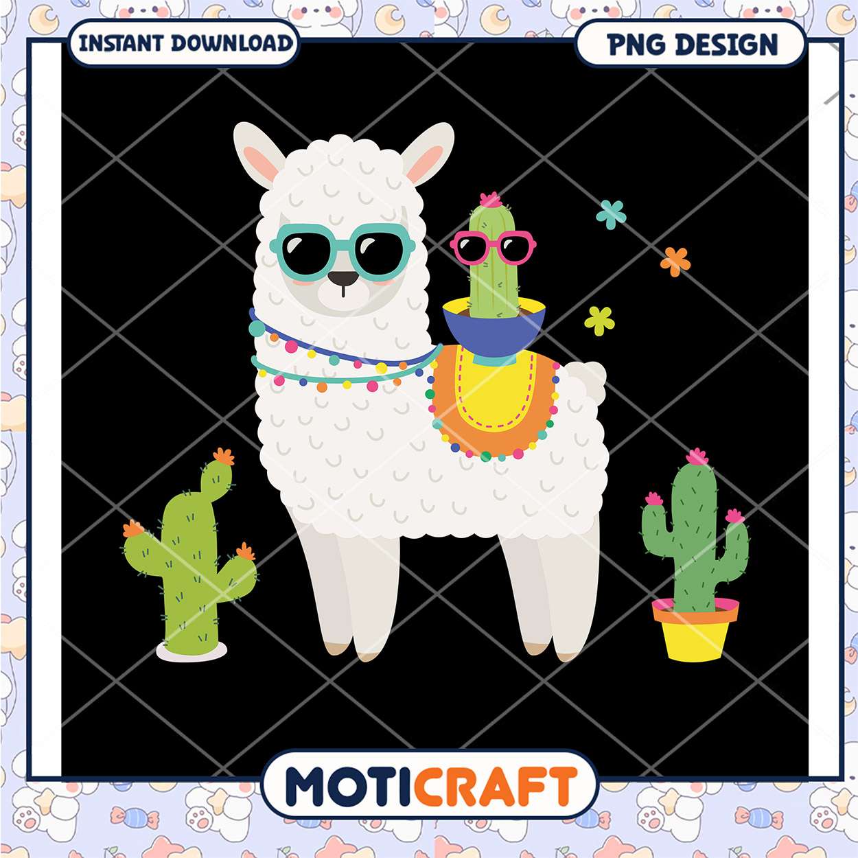 Cute Llama with Sunglasses and Cactus PNG Download Design Cute Llama with Sunglasses and Cactus PNG Download Design